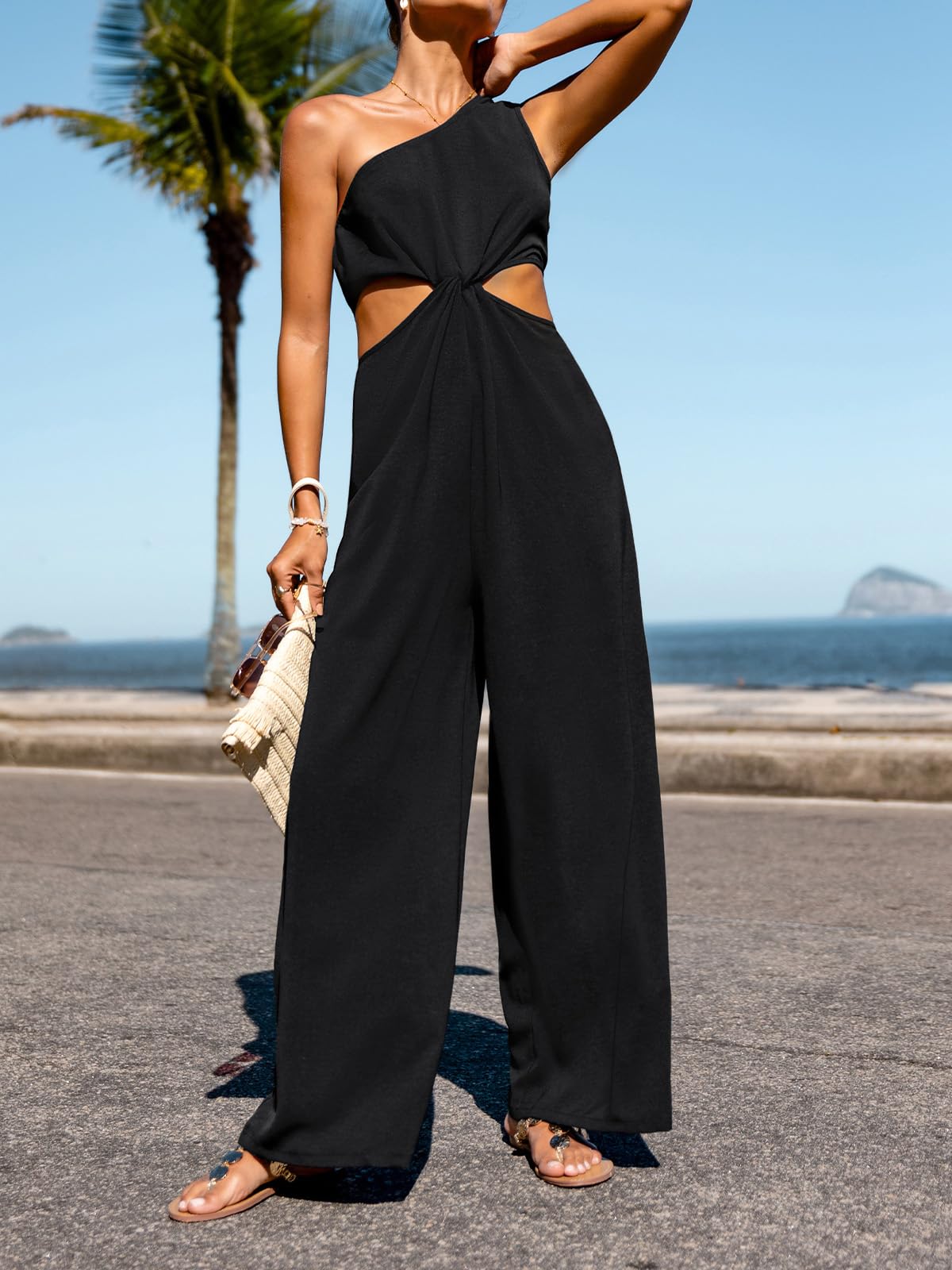 CUPSHE Combinaison d'été pour femme - Coupe asymétrique - Sans manches - Jambe large - Pantalon long - Barboteuse avec fermeture éclair - Tenue une pièce