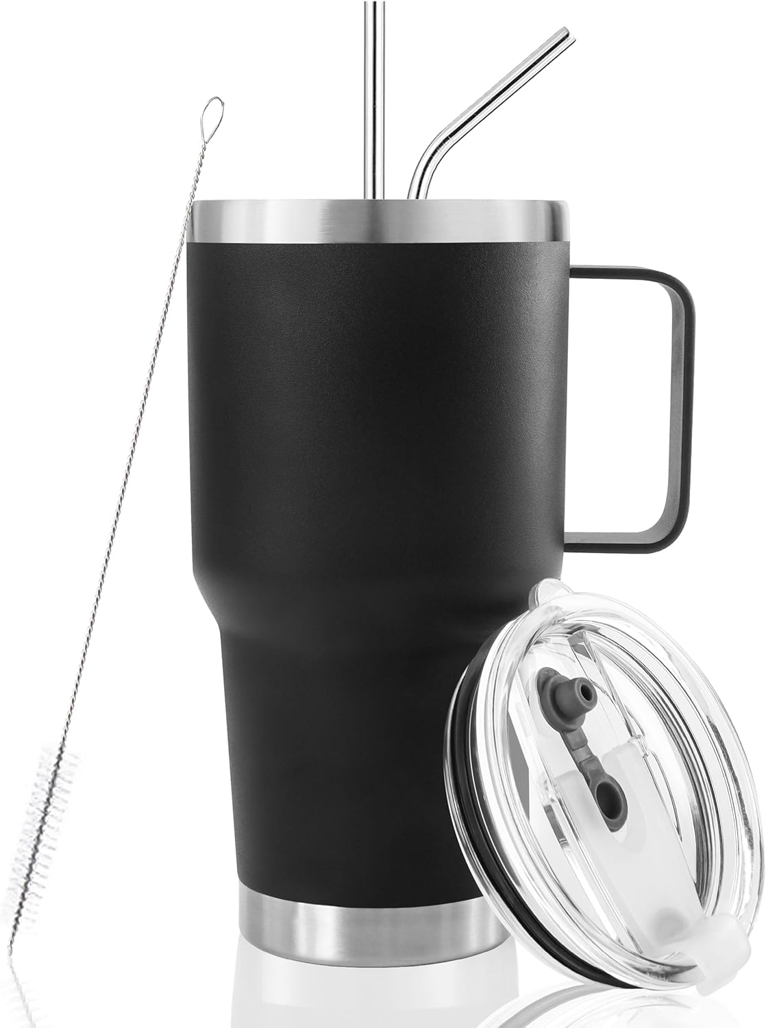 30 oz Tumbler With Handle, Double Wall Stainless Steel Vacuum Insulated Travel Mug with Splash-Proof Lid Metal Straw and Brush (Black)