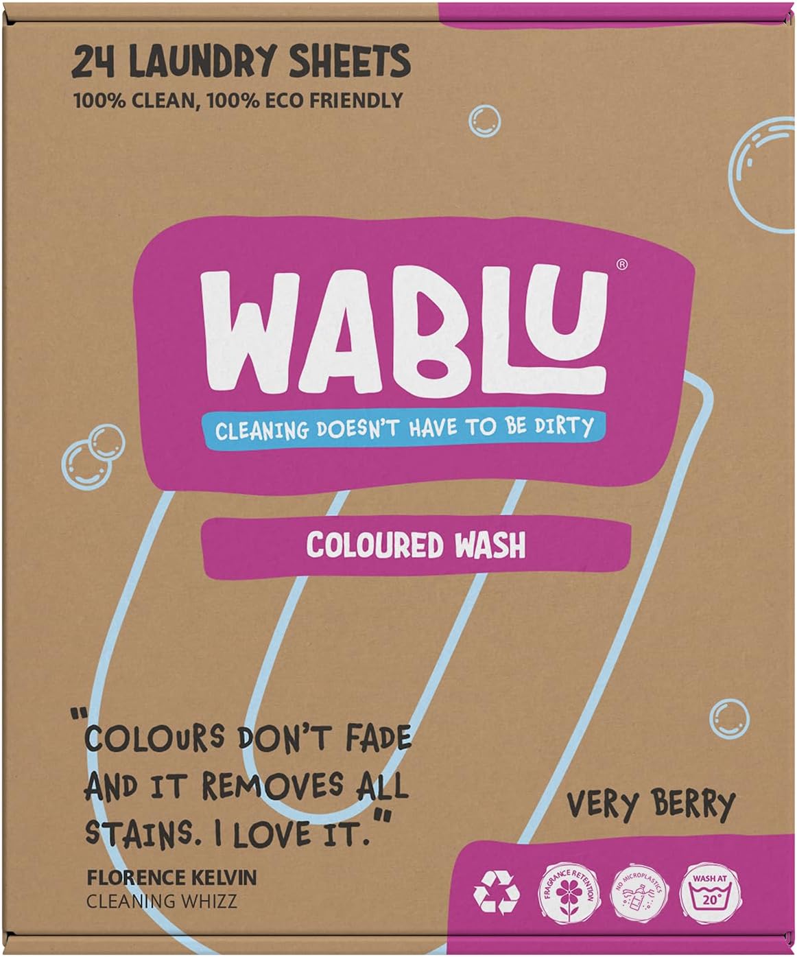Coloured Wash Laundry Sheets | Lightly scented VERY BERRY | Concentrated Bio (with enzymes) | Sustainable alternative to liquids, capsules and powder | Travel Wash | 24 Washes