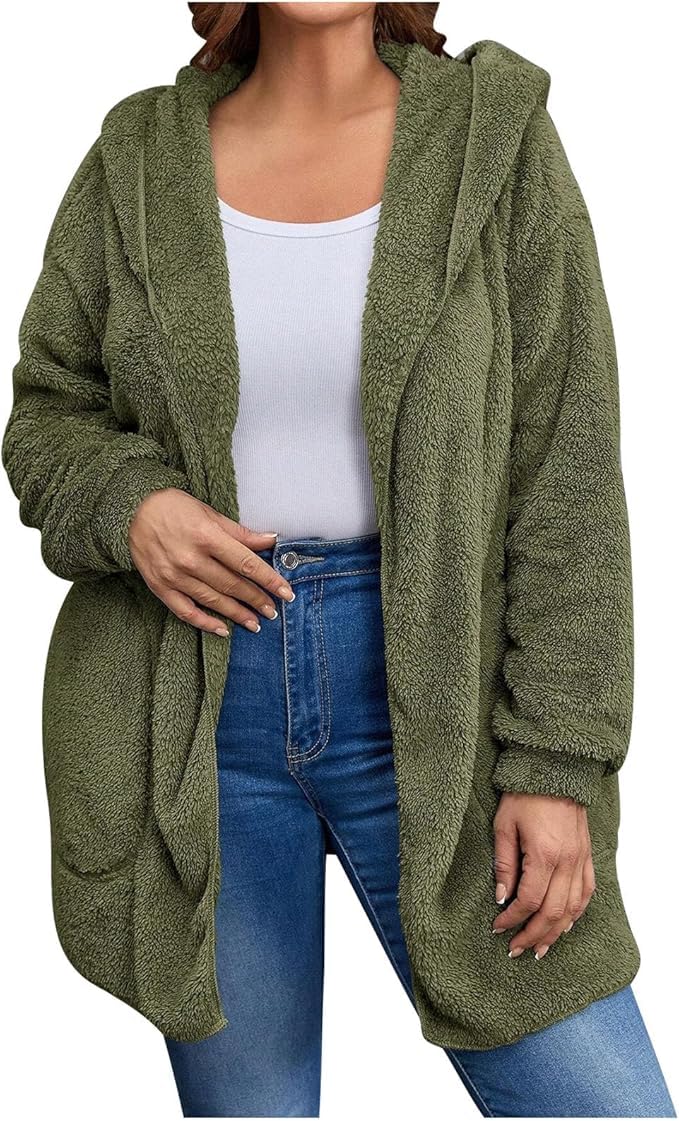 Women's Sherpa Fuzzy Jacket Hoodie Open Front Fleece Hooded Jackets Cardigan Warm Outerwear Fall Coat with Pockets