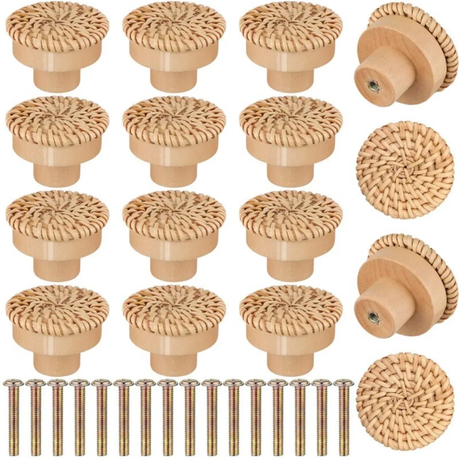 Lsnnmu Wood Color 16Pcs Cupboard Door Handle Wooden Handles Dresser Pulls Woven Rattan Drawer Knobs Burlywood Cabinet Round Wardrobe Home For Home(Wood Color)