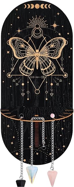 CRASPIRE Butterfly Crystal Shelf Black Crystal Display Shelf Magical Moon Phase Shelf Witch Stuff Wooden Hanging Rustic Crystal Holder Stand with 3 Pieces Crystals Stones for Room Decor