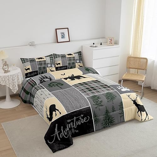 Miniatura 3 de Juego de edredón de cabaña de granja navideña, juego de ropa de cama rústica con ciervos y oso de tamaño matrimonial, edredón de retazos de bosque