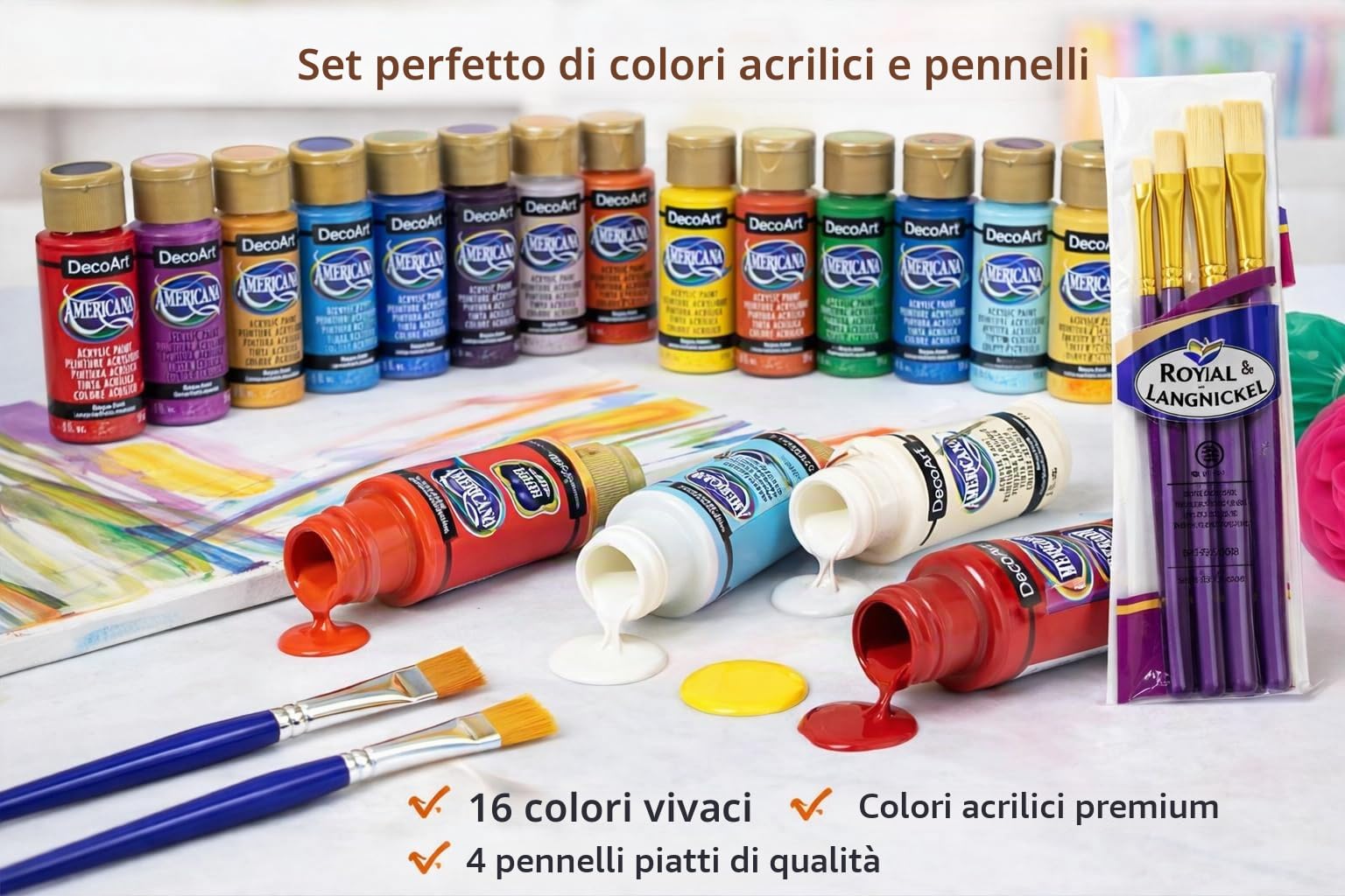 DecoArt Americana - Set di colori acrilici di alta qualità, 16 colori vivaci, 59 ml, con 4 pennelli piatti, asciugatura rapida, resistente all'acqua
