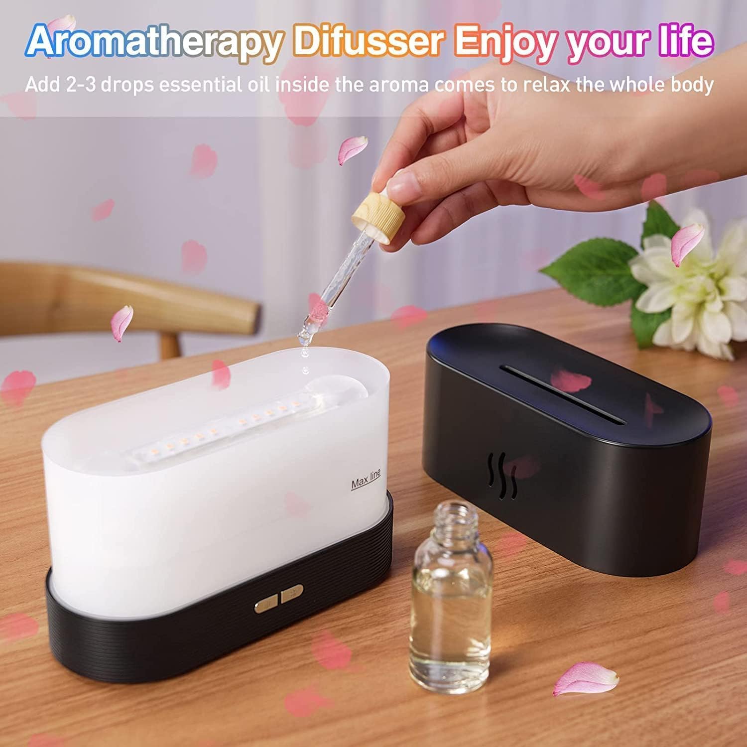 3D Flame Effect Humidifier, Small Ultra Fine Mist Desktop Humidifier Quiet Essential Oil Diffuser with Warm Night Light/Auto Shut-Off for Bedroom, Micrael Home and Office