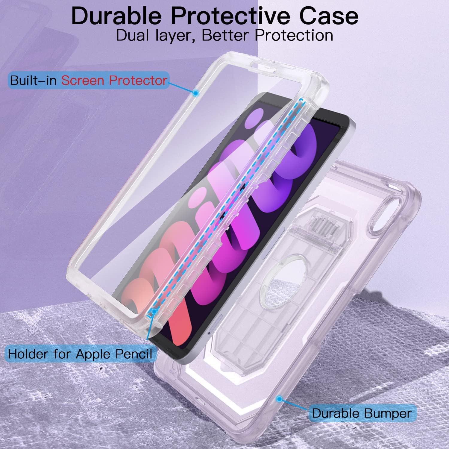 Cantis Clear Case for iPad Mini 6 8.3 inch 2021, [Built-in Screen Protector] & [Pencil Holder] Dual Layer Full-Body Shockproof Rugged Protective Case for iPad Mini 6th Generation, Clear