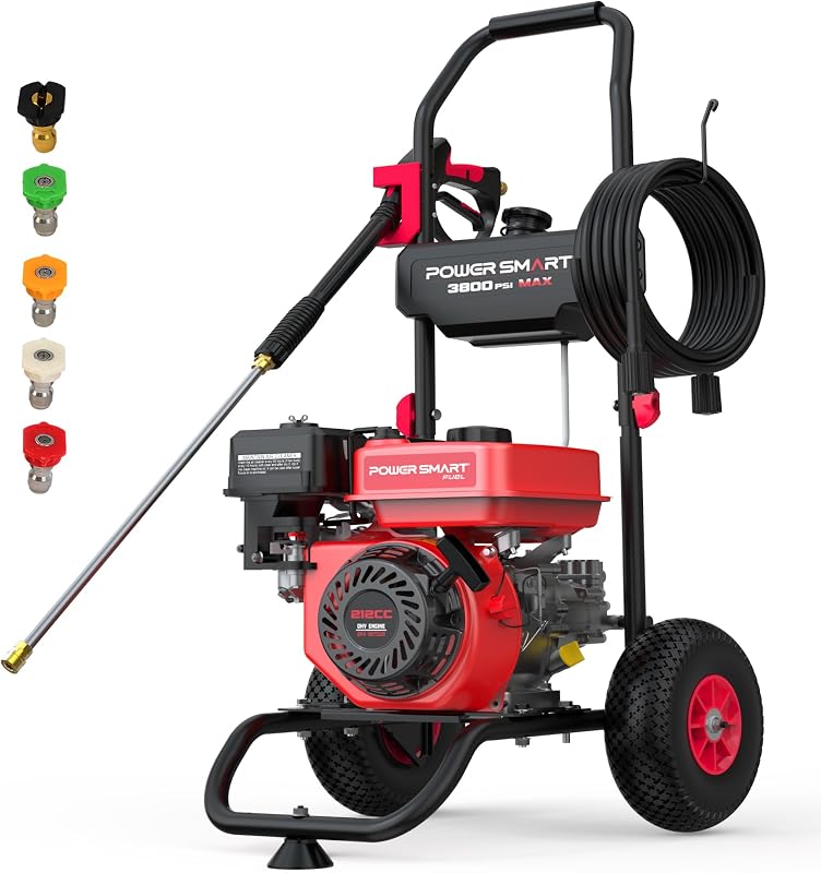 Lavadora a presión de gas PowerSmart MAX 3800 PSI, MAX 2.5 GPM, motor 212CC, con tanque de jabón a bordo, varilla rociadora de metal, 5 boquillas para entradas, automóviles, revestimiento de casas