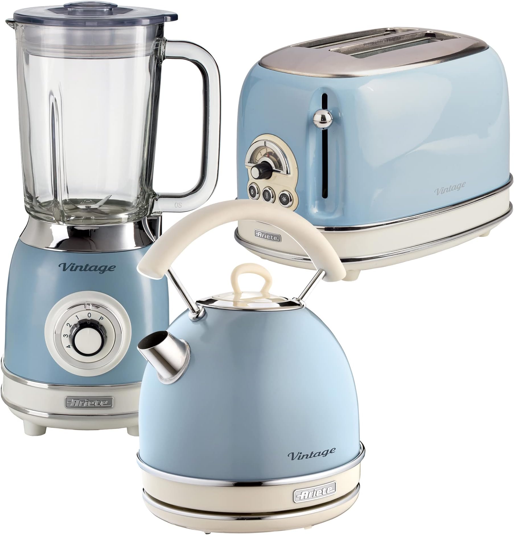 Ariete ARPK27 Retro Style Dome Kettle, 2 Slice Toaster & Jug Blender Set, Vintage Design, Blue