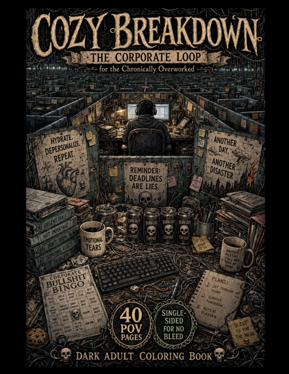 Cozy Breakdown: the Corporate Loop: A Dark POV Office Burnout Coloring Book for Adults: Grim & Sarcastic Corporate Life Scenes for Stress Relief (Midnight Edition: Cozy & Dark Adult Coloring Books)