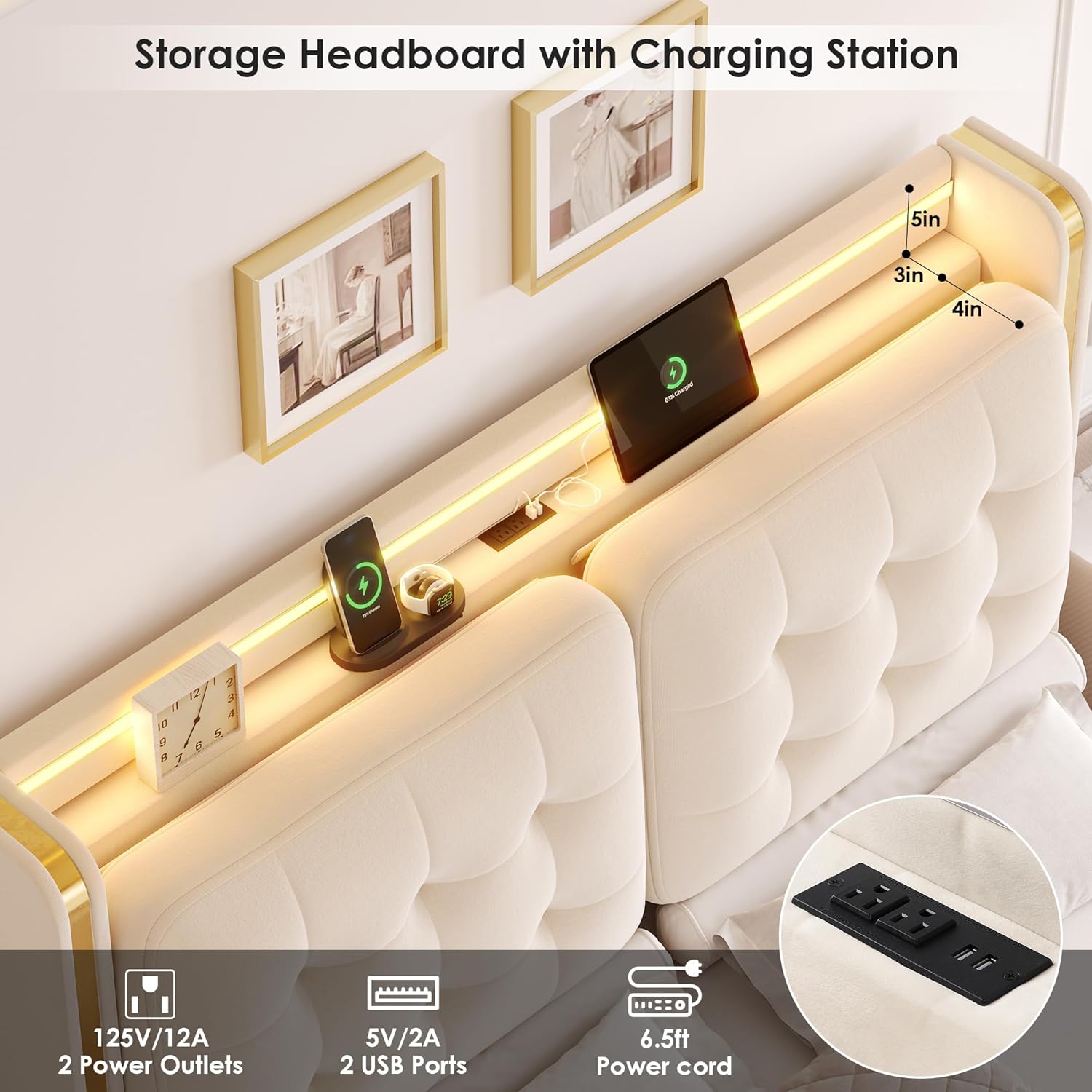 Close-up of the integrated charging station on the headboard of the HIFIT bed frame, featuring two AC outlets and two USB ports.