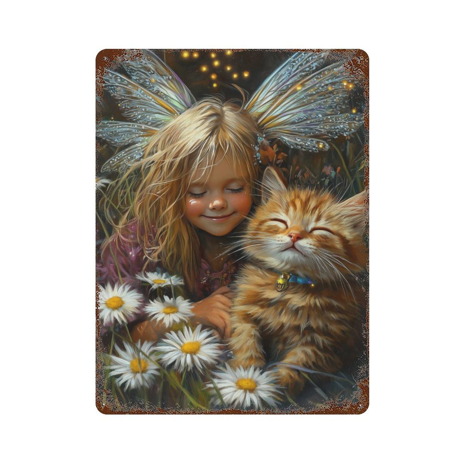 Rust Effect Fairy And Kitten in Daisy Field Rusty Metal Tin Sign 15.7"x11.8", Old School Wall Decor for Garage, Bar And Workshop Decor