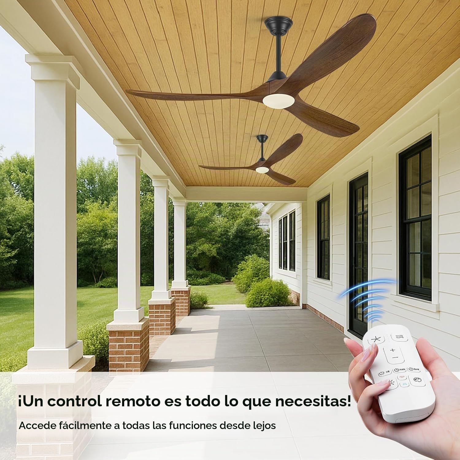 Ventilador de techo de madera de 152cm con luz, ventilador de techo de granja con motor CC reversible silencioso, ventilador de techo rústico de para exteriores para patios, pabellón, porche, cenador