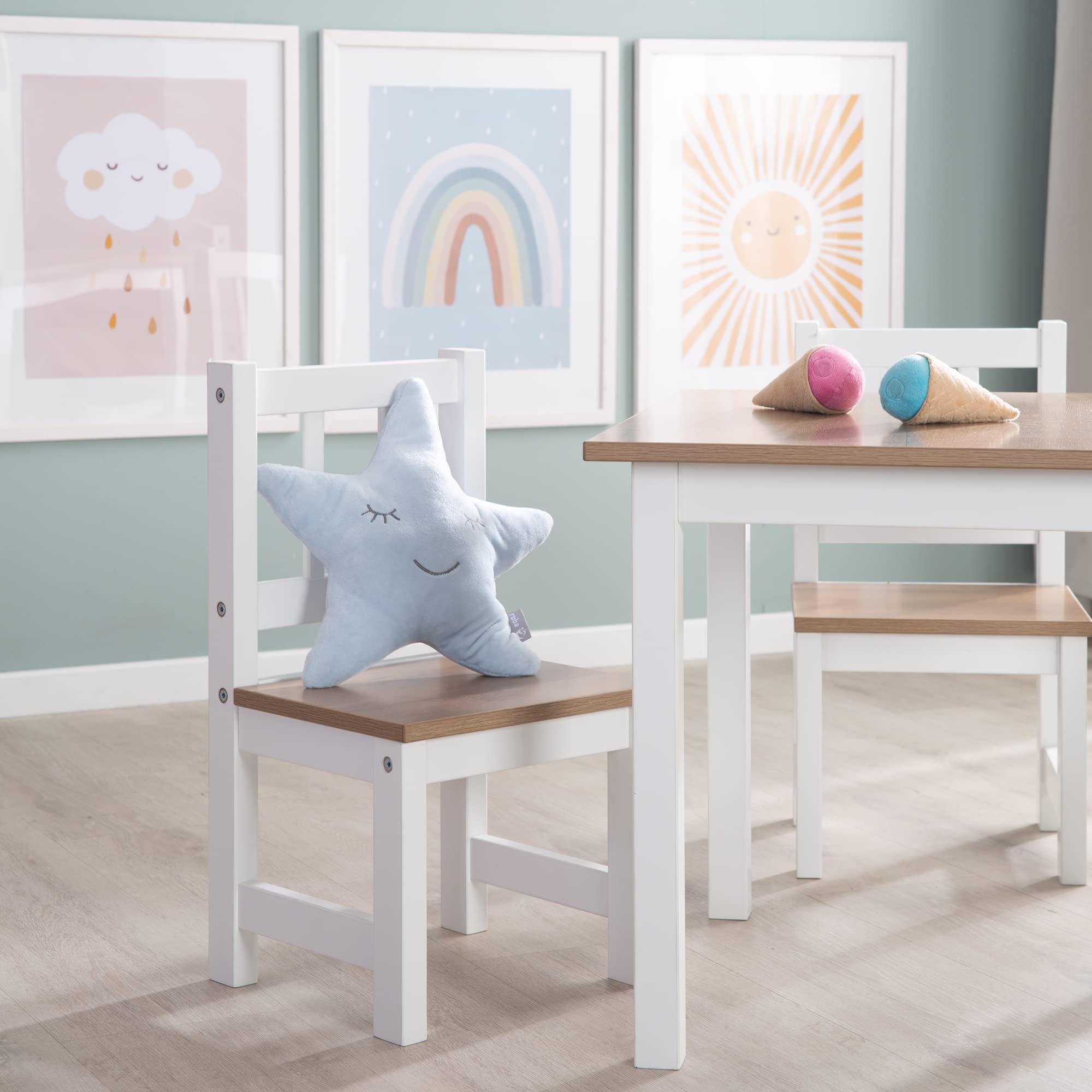 roba Ensemble Table et 2 Chaises Enfants Woody - Plateau et assises en Aspect Bois - Résistants aux Rayures - pour Filles et Garçons de 2 Ans et Plus - Blanc