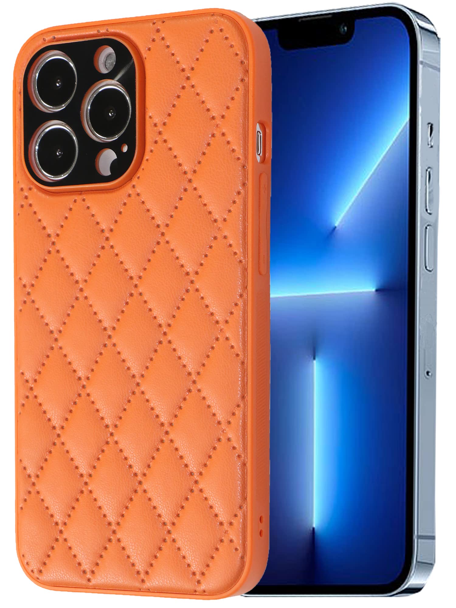 IvachellCompatible with iPhone 13 Pro case Lattice Grid with Grace Luxury Soft 13pro Plaid Cover Phone Cases for Women Girly 2021 6.1 inch (Orange)