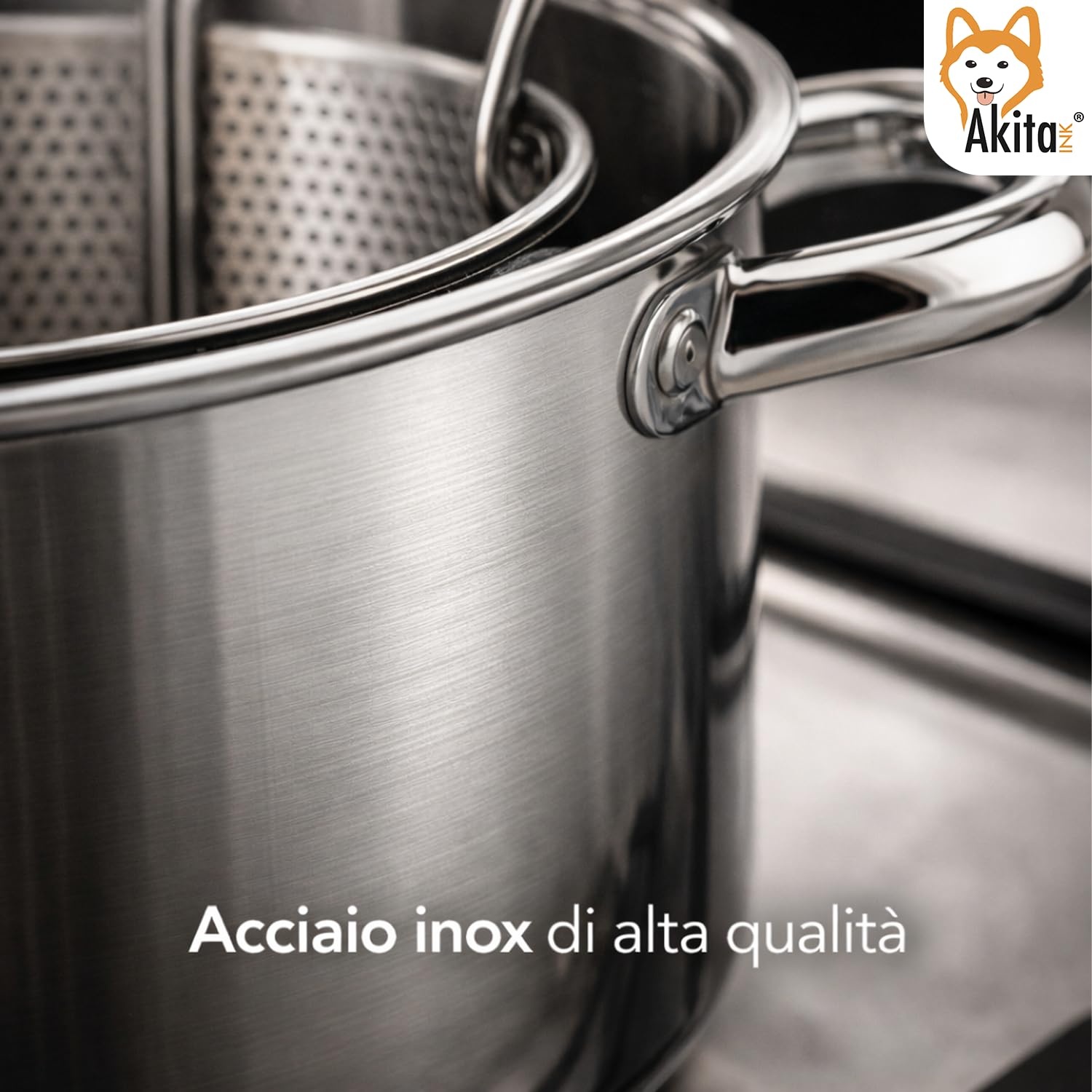 AKITAInk Bollipasta Duna 24 cm in Acciaio Inox con 2 Cestelli e Coperchio in Vetro Temperato, Pentola per Pasta con Scolapasta Integrato, Resistente e Pratica