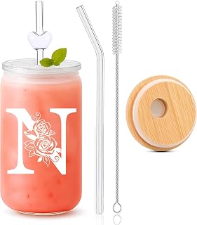 Personalized Gifts for Women – 16oz Initial Glass Cup with Lid & Straw – Custom Bridesmaid Tumbler for Wedding Party, Bachelorette Party,Christmas,Birthday,or Thank You Gift-N