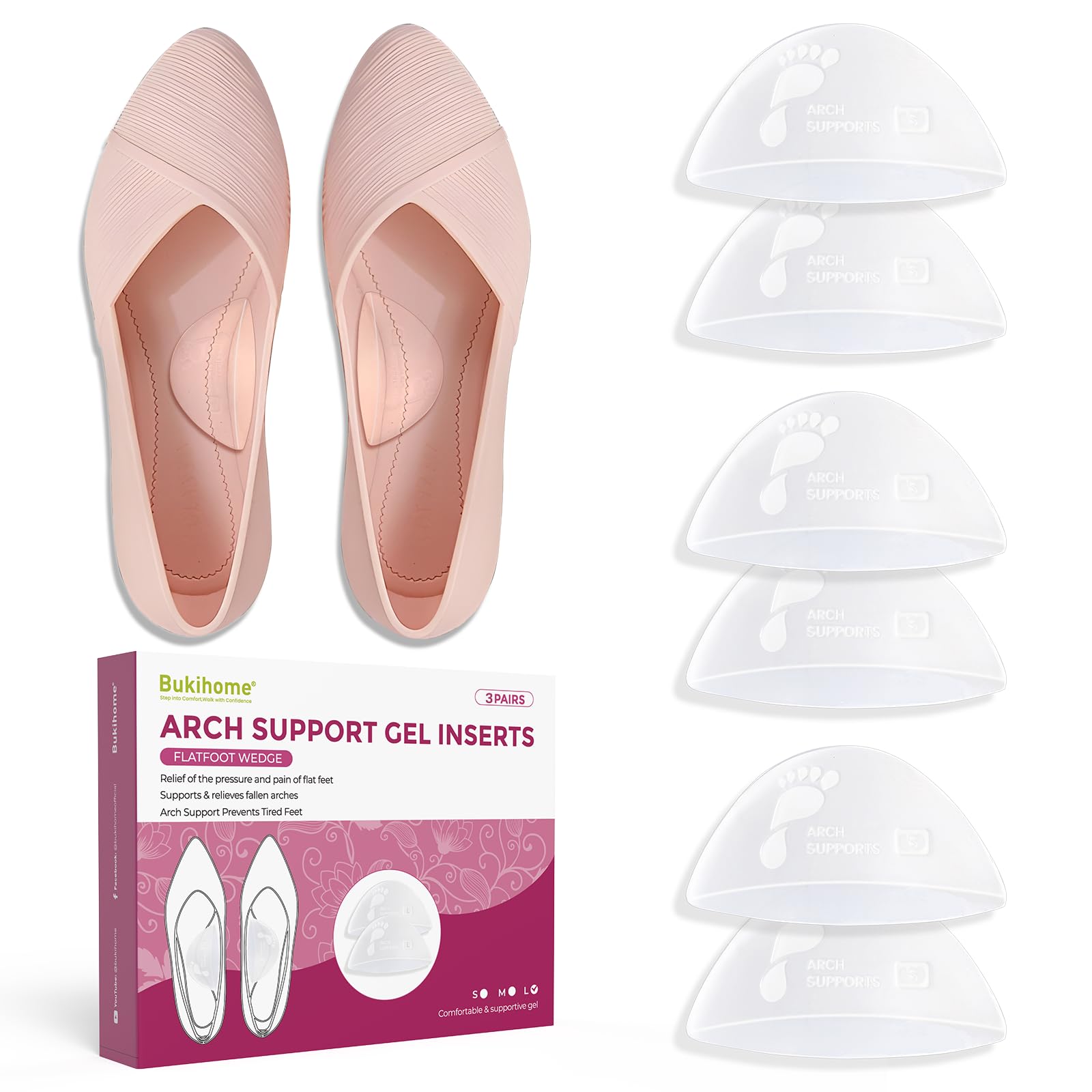 Bukihome Arch Support Inserts for Plantar Fasciitis - Anti Gravity Design - 3 Pairs Adhesive Gel Arch Pads for Women &amp; Men - High Arch Support Insoles for Flat Feet,Relieve Pressure - Clear,Medium