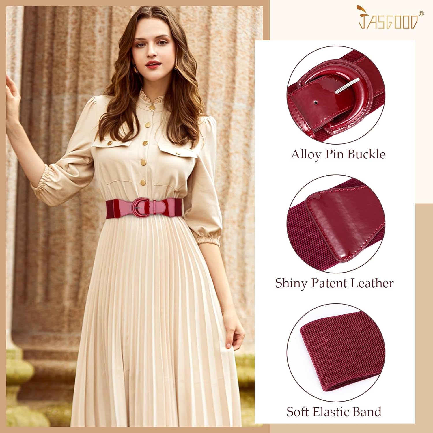 JASGOOD Women Wide Stretch Belt,Vintage Chunky Buckle Elastic Waist Belts Patent Leather Belt 50s Belt for Dress - Image 3