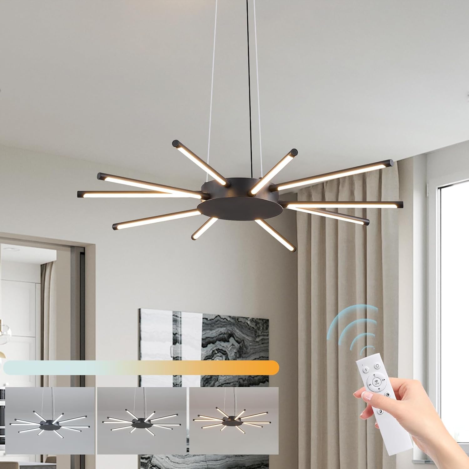 35.43 inches Modern Sputnik Chandelier 8 Light Dining Room Light Fixture LED Dimmable Pendant Light with Remote Control Black Chandeliers for Living Room Kitchen Bedroom