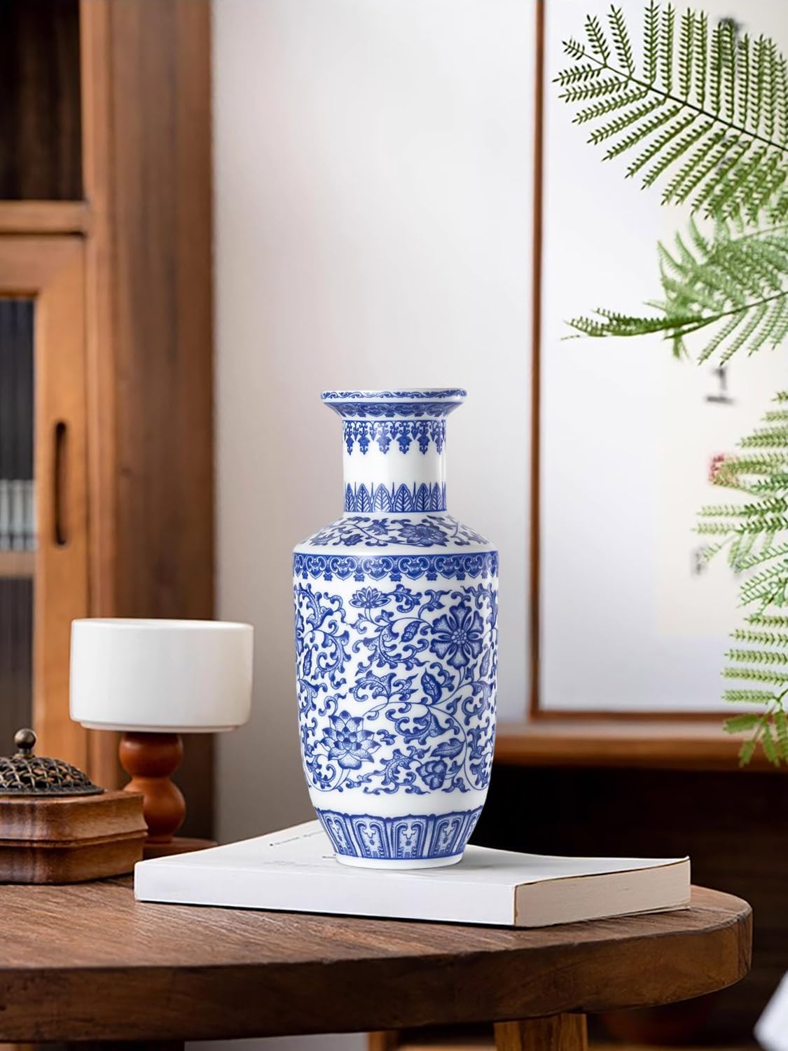 Qinlang 10.5 Inch Blue and White Ceramic Vase, Porcelain Flower Vase for Centerpieces, Decorative Floral Vase for Flowers and Home Decor - Bottle Shaped