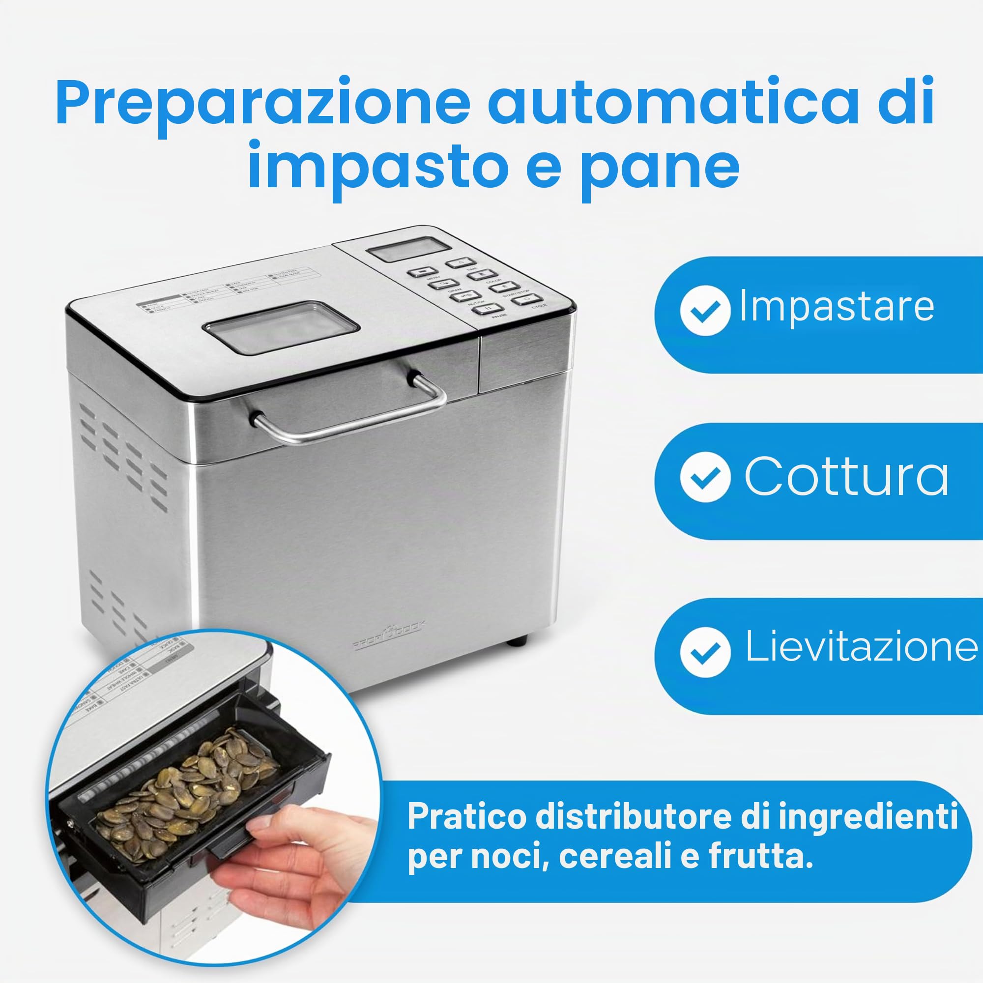 Macchina per il pane ProfiCook® con timer | Doratura della crosta regolabile (chiara, media, scura) | 13 programmi | Bread Maker | Macchina per il pane | PC BBA 1282 | Acciaio inossidabile