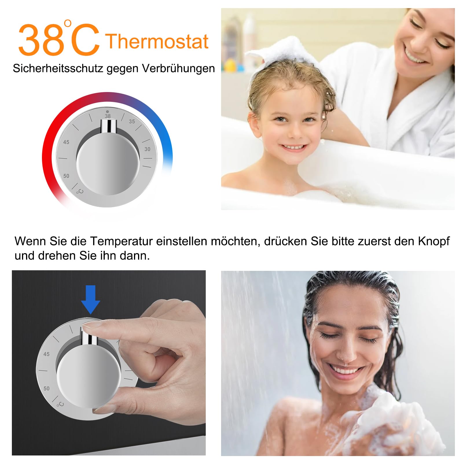 Panel de ducha LED con termostato, 5 funciones, panel de ducha con lluvia y cascada, 5 chorros de masaje, ducha de mano y entrada de bañera, panel de ducha de acero inoxidable 304, color