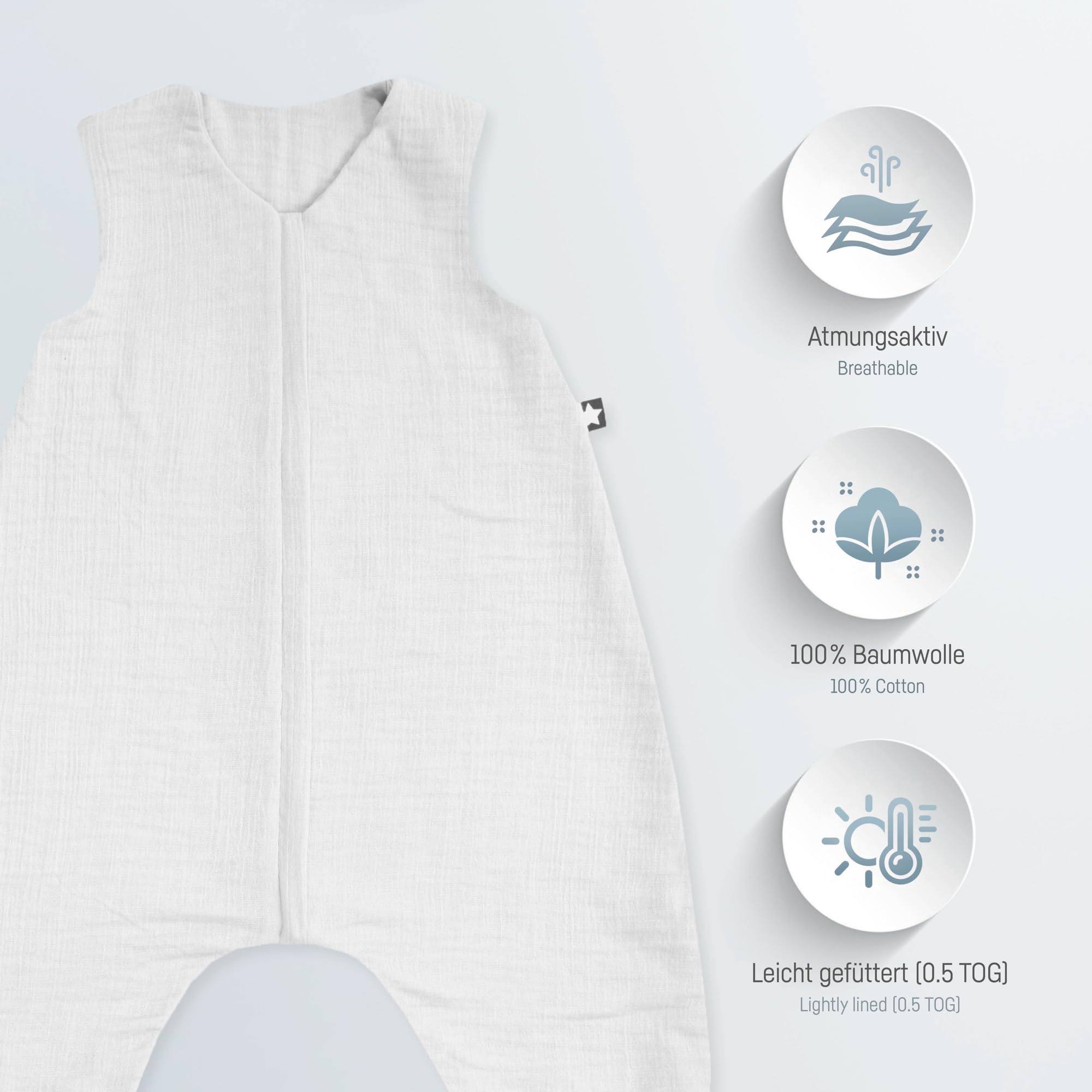 Julius Zöllner Kombinezon do spania Jumper Muslin, 0,5 TOG, nadaje się do prania w temperaturze 40°C, Made in Germany, Oeko Tex Standard 100, kość słoniowa, rozmiar 104