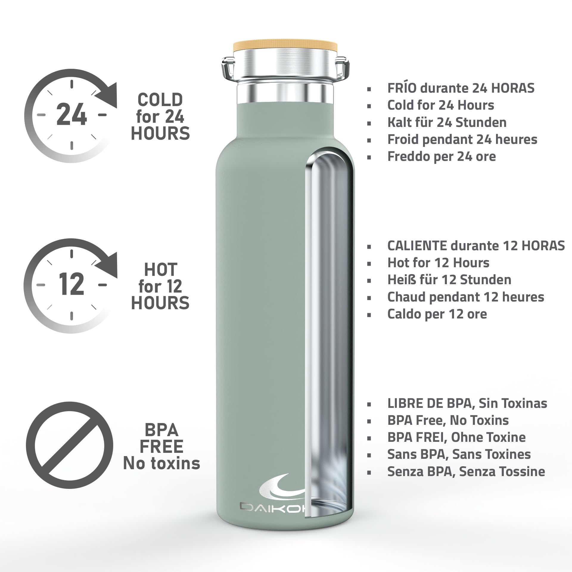 Daikoku Botella Agua Acero Inoxidable - 500ml - Botella Térmica - Bebidas Frías 24 Horas y Calientes 12 Horas - Botella Agua Antigoteo - Doble Pared Libre de BPA - Cantimplora Termica - Verde Pastel — view 2