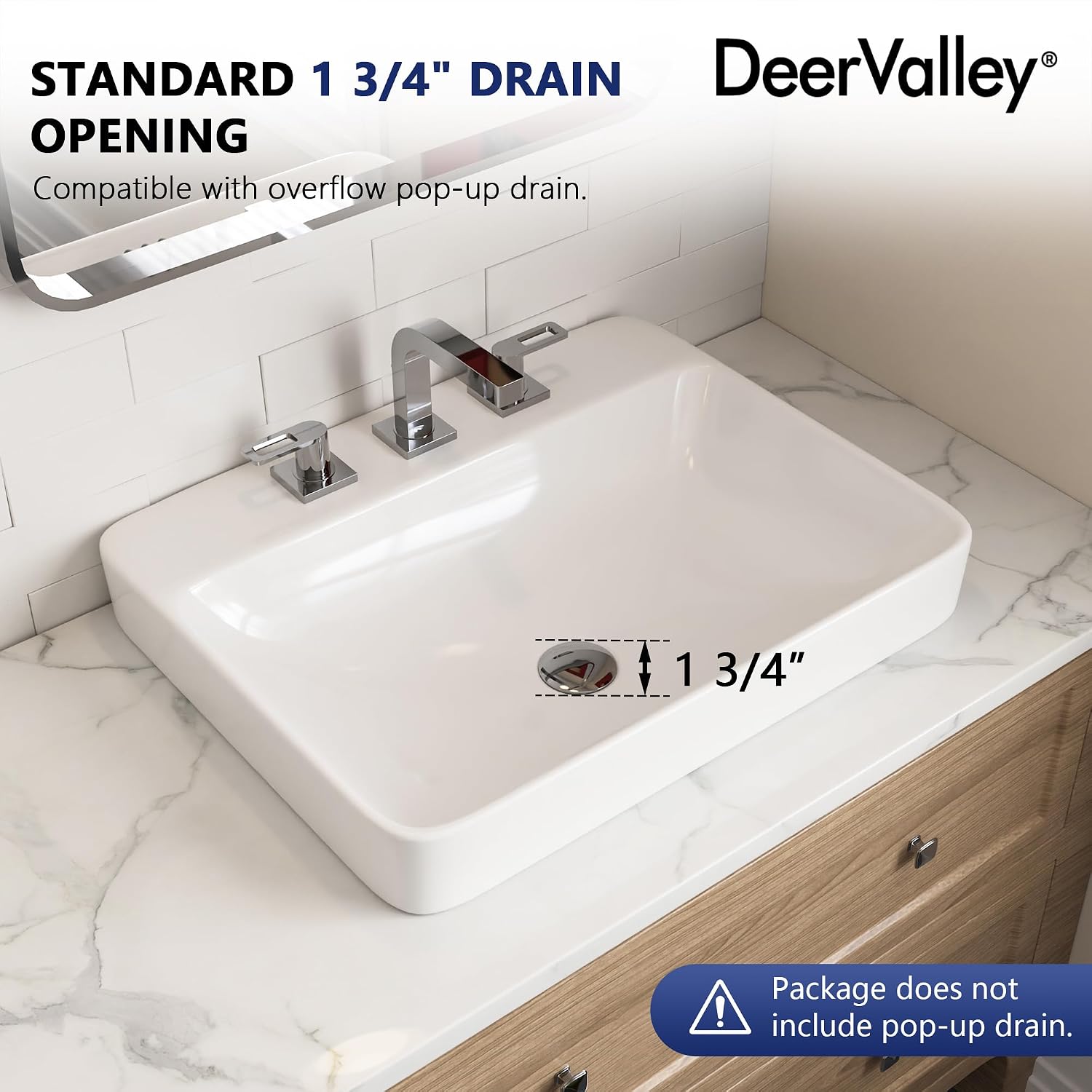 DeerValley Rectangle Semi Recessed Sink White 24"x19" Bathroom Modern Basin | Single Faucet Hole, Ceramic, Overflow, Semi Recessed Design, Ideal for Bathroom, Mall, Restaurant, School, Easy to Clean