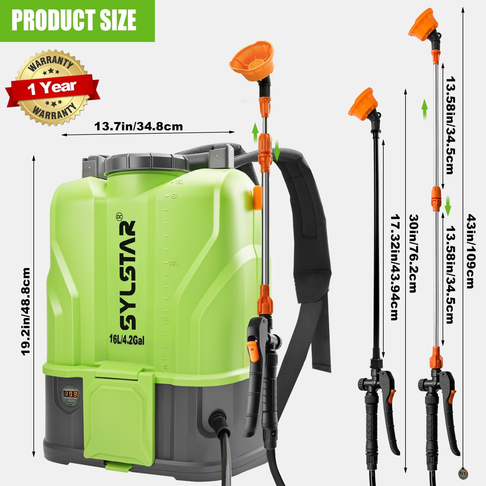SYLSTAR Drucksprüher Akku 16L, 8.3Bar Stark Rückenspritze Akku Kompatibel mit DeWalt 18V Batterien, 5 Düsen Elektrische Unkrautspritze Einstellbare Sprühstärke (Inklusive Ladegerät