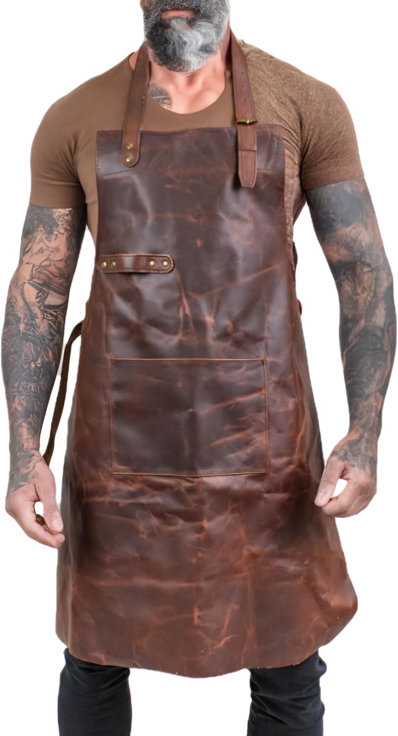 Full Grain Leather Apron for Men & Women, BBQ Grill Chef Work Apron with Cross Back Straps & Tool Pockets
