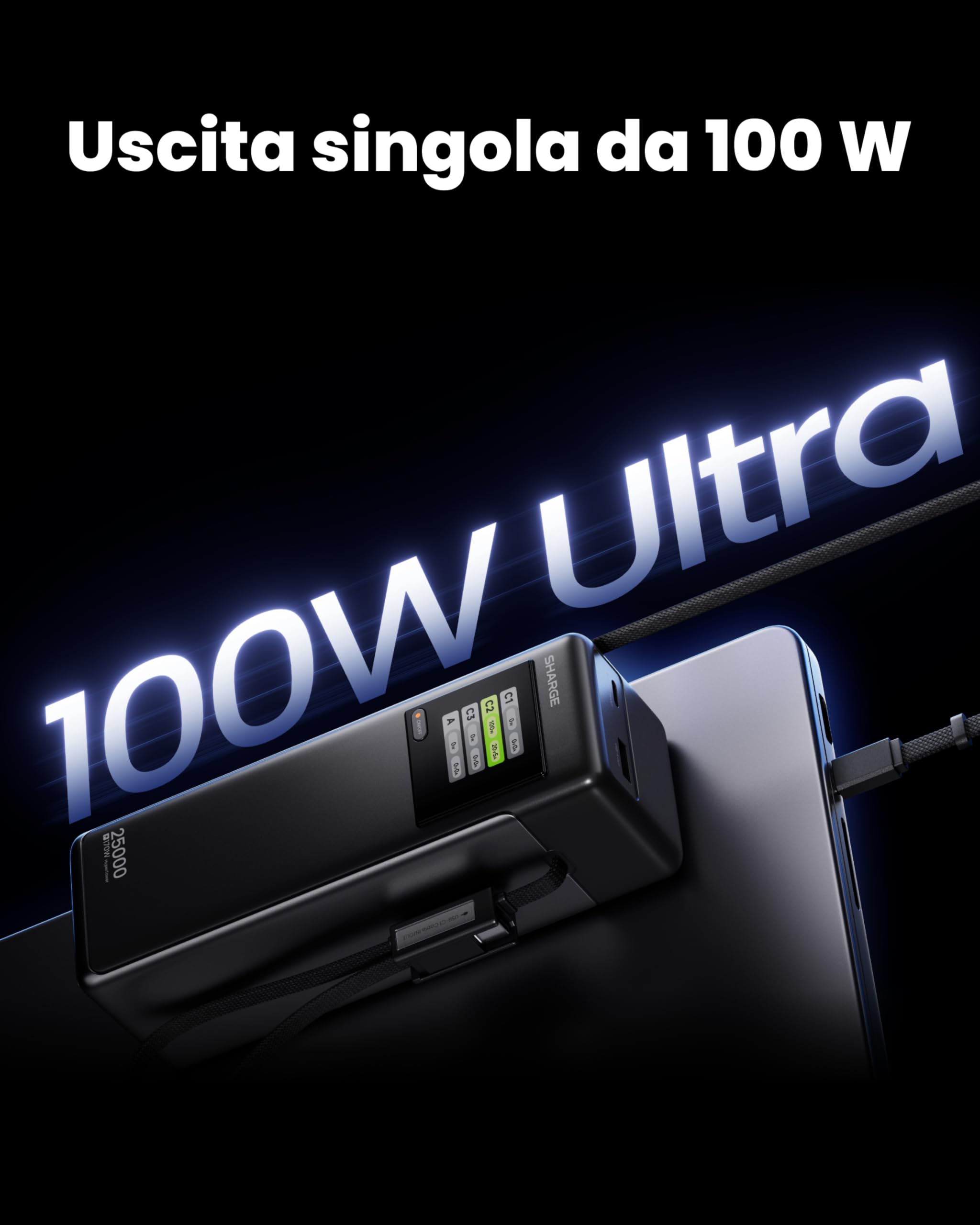sharge Power Bank Portatile 170W, HyperTower 170 Caricatore Rapido 25000mAh con Cavi Integrati Retrattili, Display TFT Smart, 4 Porte USB (WH-EU)