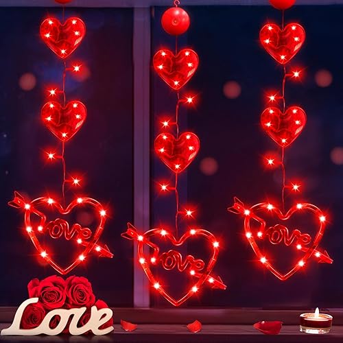 TURNMEON Paquete de 3 luces de ventana para el día de San Valentín, funciona con pilas, silueta colgante de ventana, luz roja, en forma de corazón,