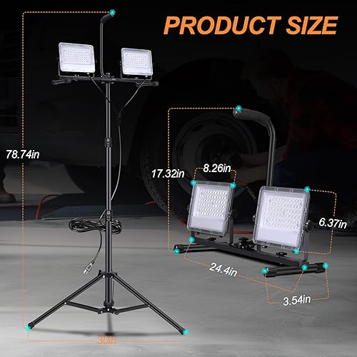 Miniatura 2 de Luz de trabajo LED de 100 W, cable de alimentación, luces de trabajo ajustables, lámpara de garaje, luz de inundación de trabajo con soporte IP65,