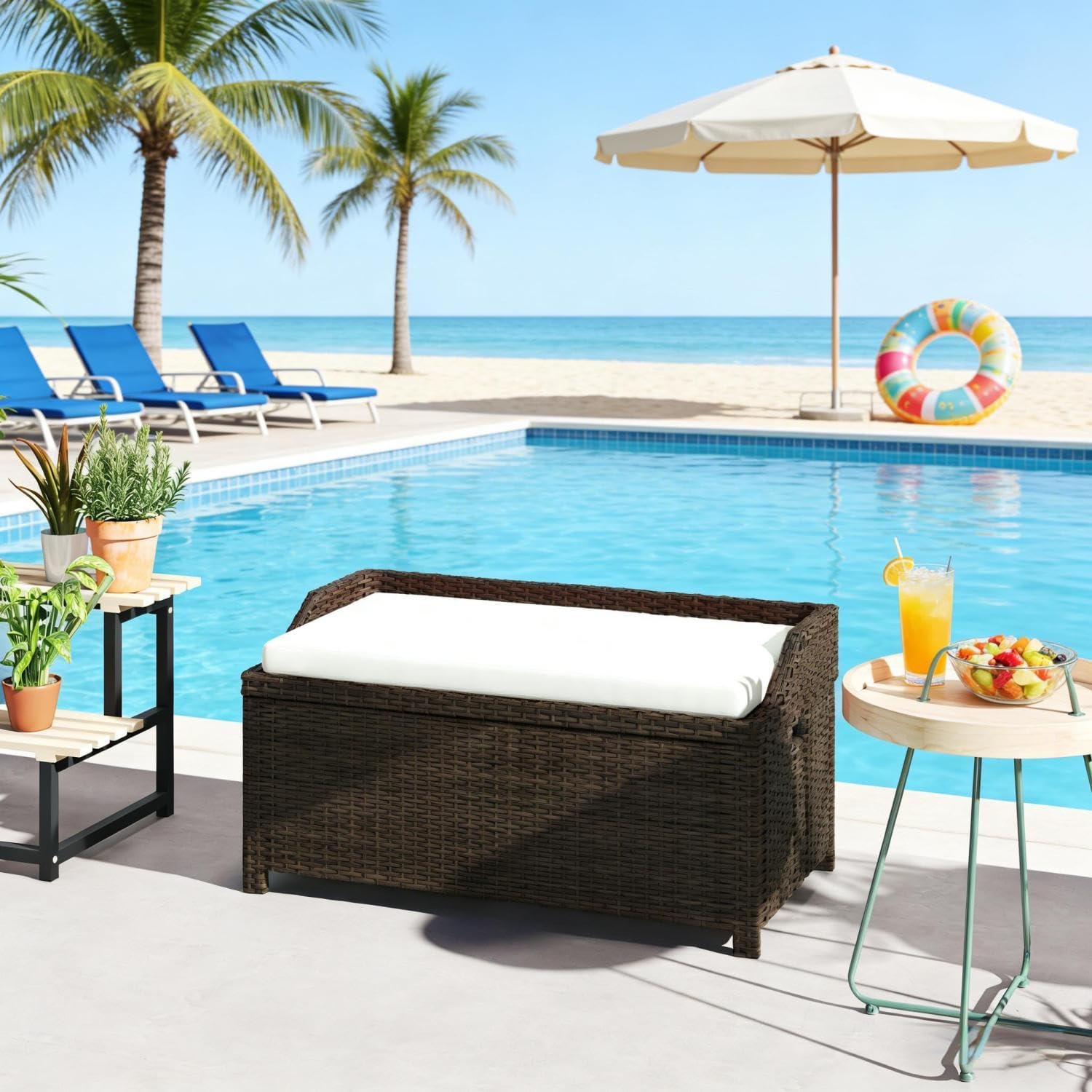 Outdoor Wicker Storage Bench - Coffee, Cream White - 2-in-1 Bench & Storage Box - Porch, Patio -