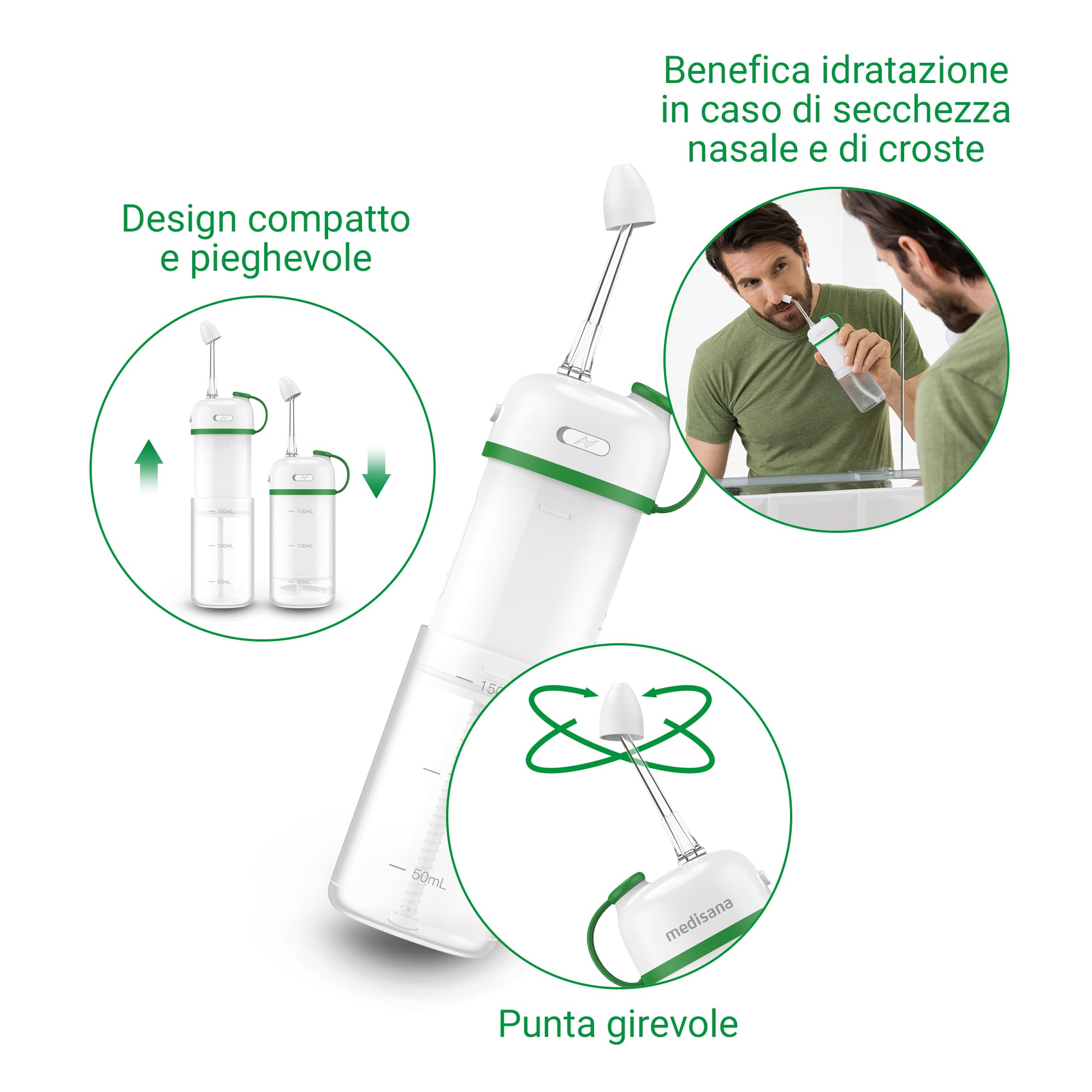 medisana NI 200 doccia nasale elettrica pieghevole per adulti, bambini e neonati, lavaggio nasale, risciacquo sinusale per la pulizia nasale con design pieghevole