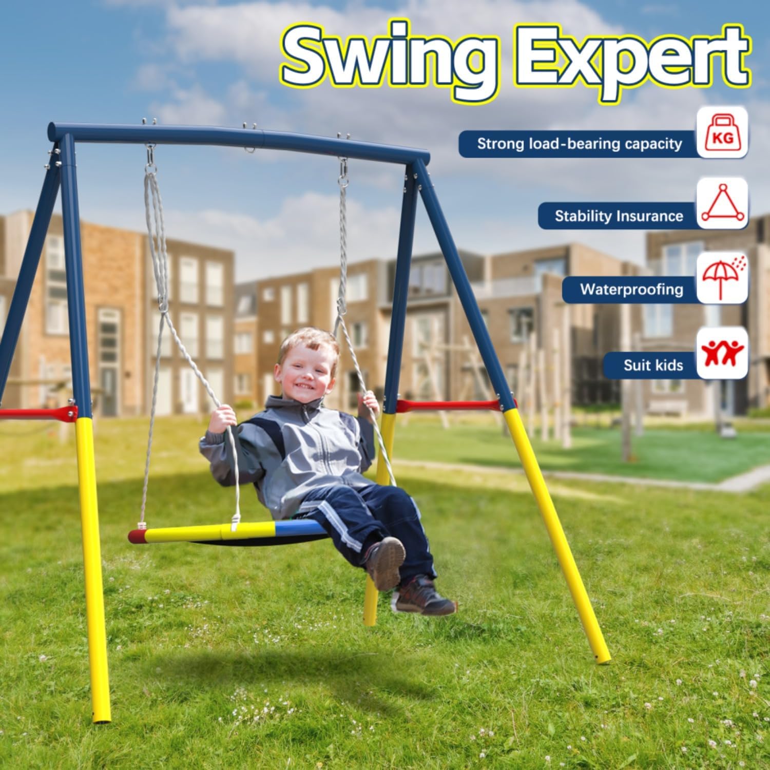 440lbs Flying Saucer Swing Set with 40" Saucer Tree Swing and Heavy Duty A-Frame Stand, Full Steel Outdoor Metal Swing Set for Kids, Backyard, Playground (Blue)