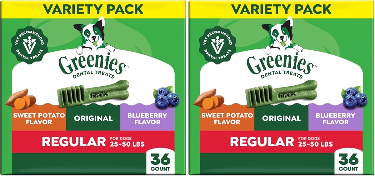 Veterinarian-Recommended Natural Dental Dog Treats, Dental Chews for Dogs, Regular Size, Variety, 12 oz, 36 Count (Pack of 2)