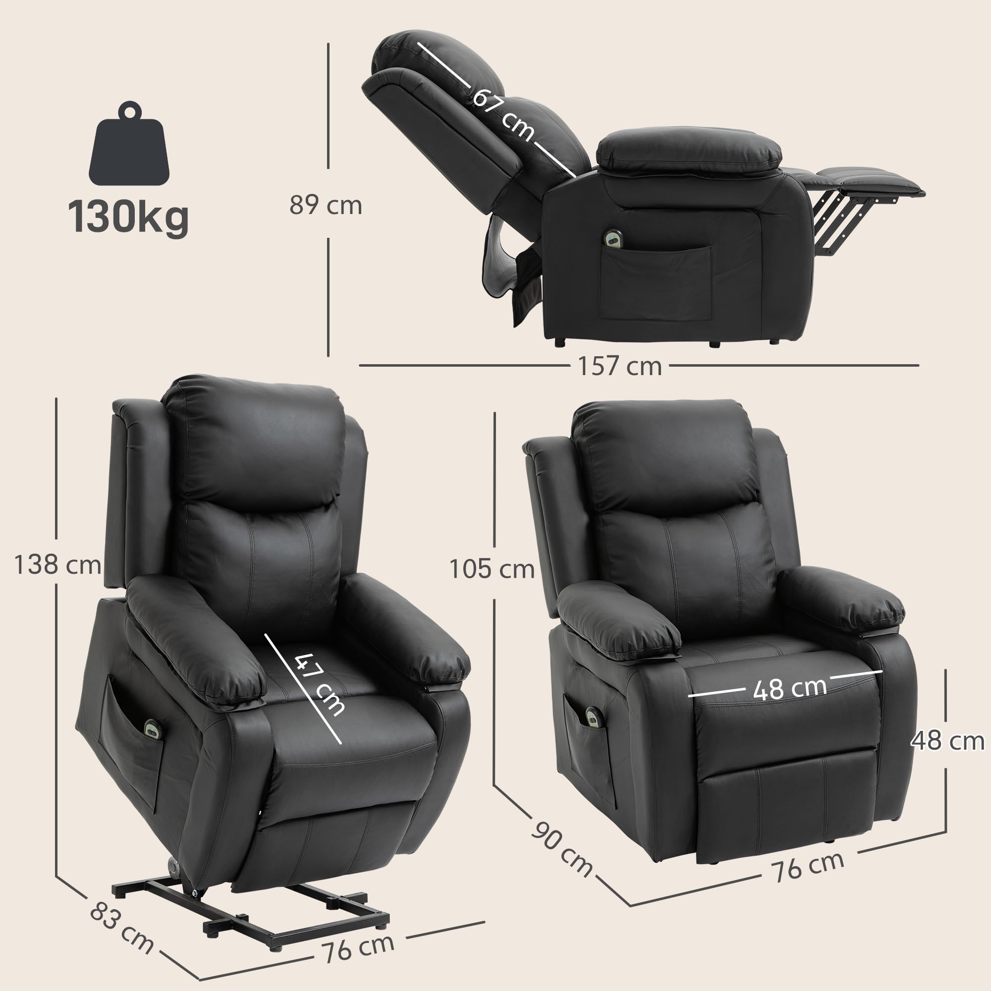 HOMCOM Fauteuil releveur électrique, Fauteuil Relax électrique avec Repose-Pied, Dossier inclinable, télécommande et Poches latérales, revêtement en PU, pour Personnes âgées, Noir
