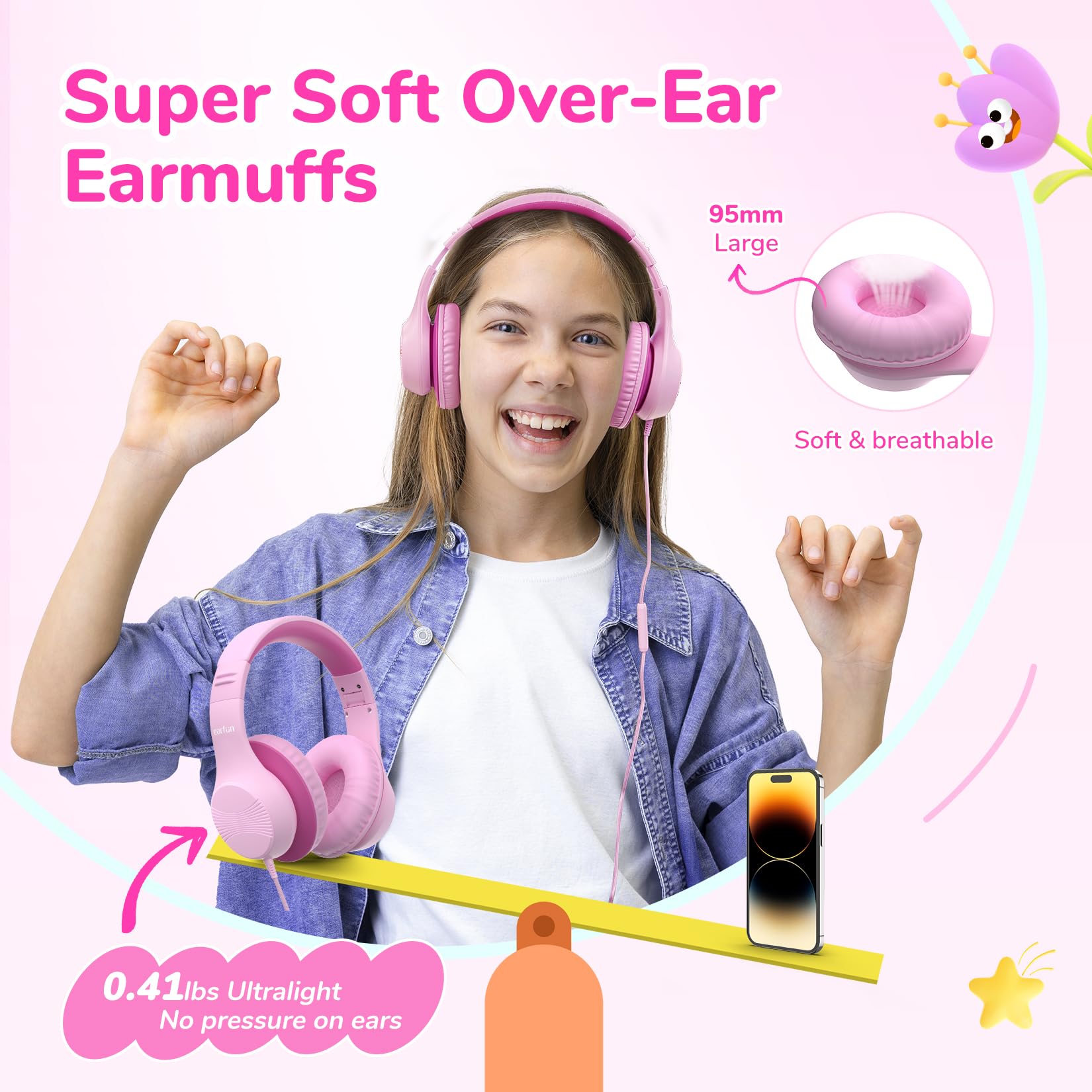 EarFun Auriculares para Niños con Micrófono, Cascos Infantiles con Cable Jack 3,5 mm, Volumen Limitado 85/94 dB, Sonido Estéreo HD, Diadema Plegable para Pad, Tabletas, La Escuela, Rosa