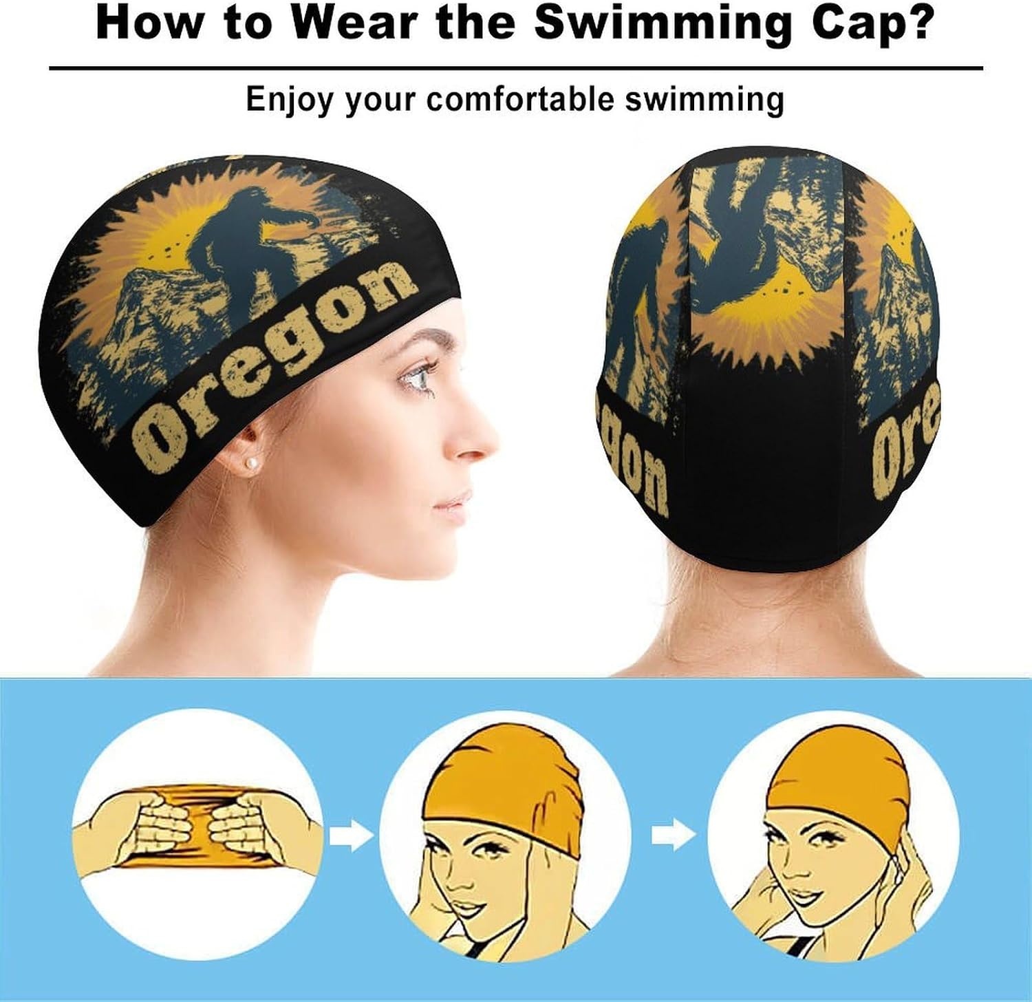 Oregon Bigfoot Mountains Vintage Womens Swim Cap for Men Adult Swimming Hat Curly Short Medium Long Hair
