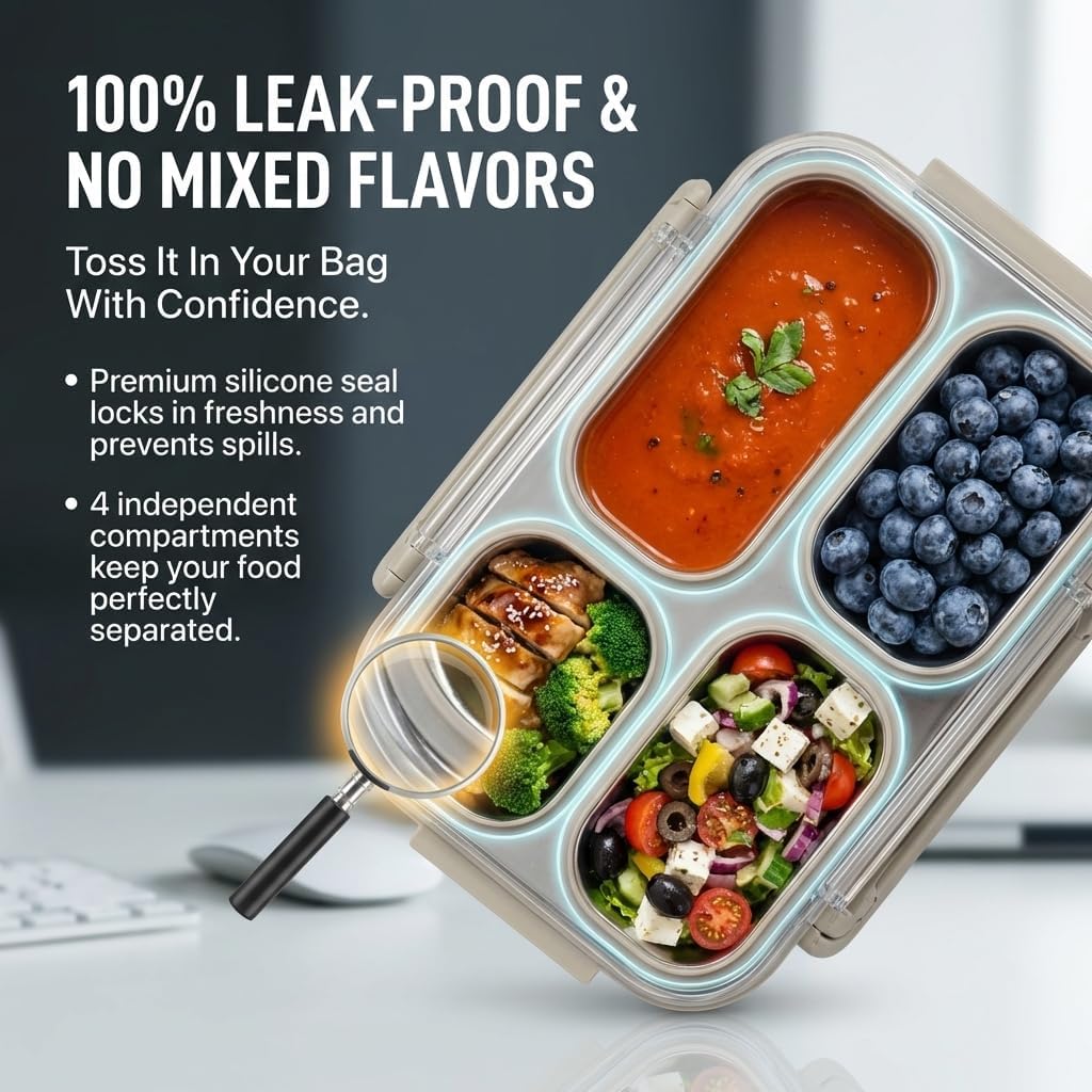 Bento Box Adult Lunch Box - Microwave Safe Stainless Steel Meal Prep Containers, 1200ML Large Capacity 4-Compartment Leak Proof Food Container with Handle & Utensils for Work, Office [Green] image 3