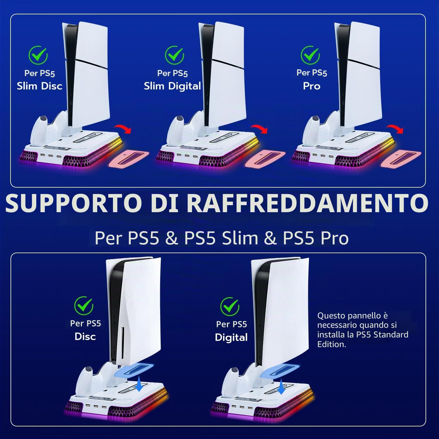 Supporto Verticale con Raffreddamento per PS5/PS5 Pro/PS5 Slim,Base di Ricarica Joystick PS5 per Doppio Caricatore Controller con 3 USB/Ventola a 3 Livelli/luce RGB per accessori PS5 Console