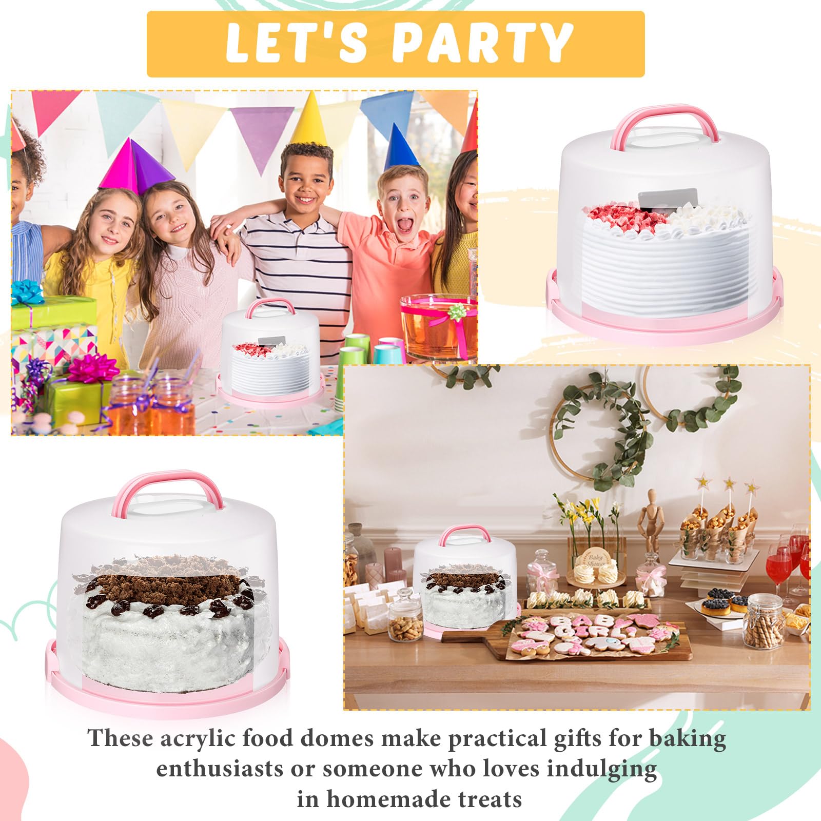Baderke Soporte redondo para tartas de 10 pulgadas con asa, soporte para tartas de dos caras, contenedor de transporte para pasteles, soporte para tartas con tapa, bandeja para tartas con tapa (rosa)