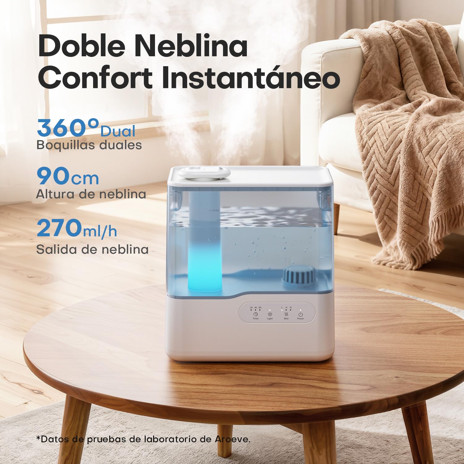 AROEVE Humidificador de Aire 5L Ultrasónico Top-Fill Niebla Fría 36H 25dB Silencioso