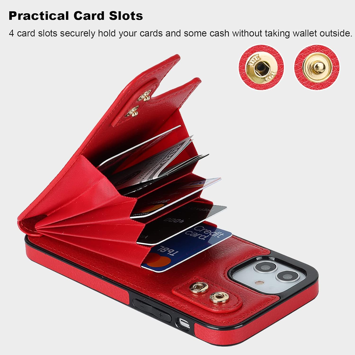 Folosu Compatible with iPhone 12 iPhone 12 Pro Case Wallet with Card Holder, 360°Rotation Finger Ring Holder Kickstand RFID Blocking PU Leather Double Buttons Flip Cover 6.1 Inch Red