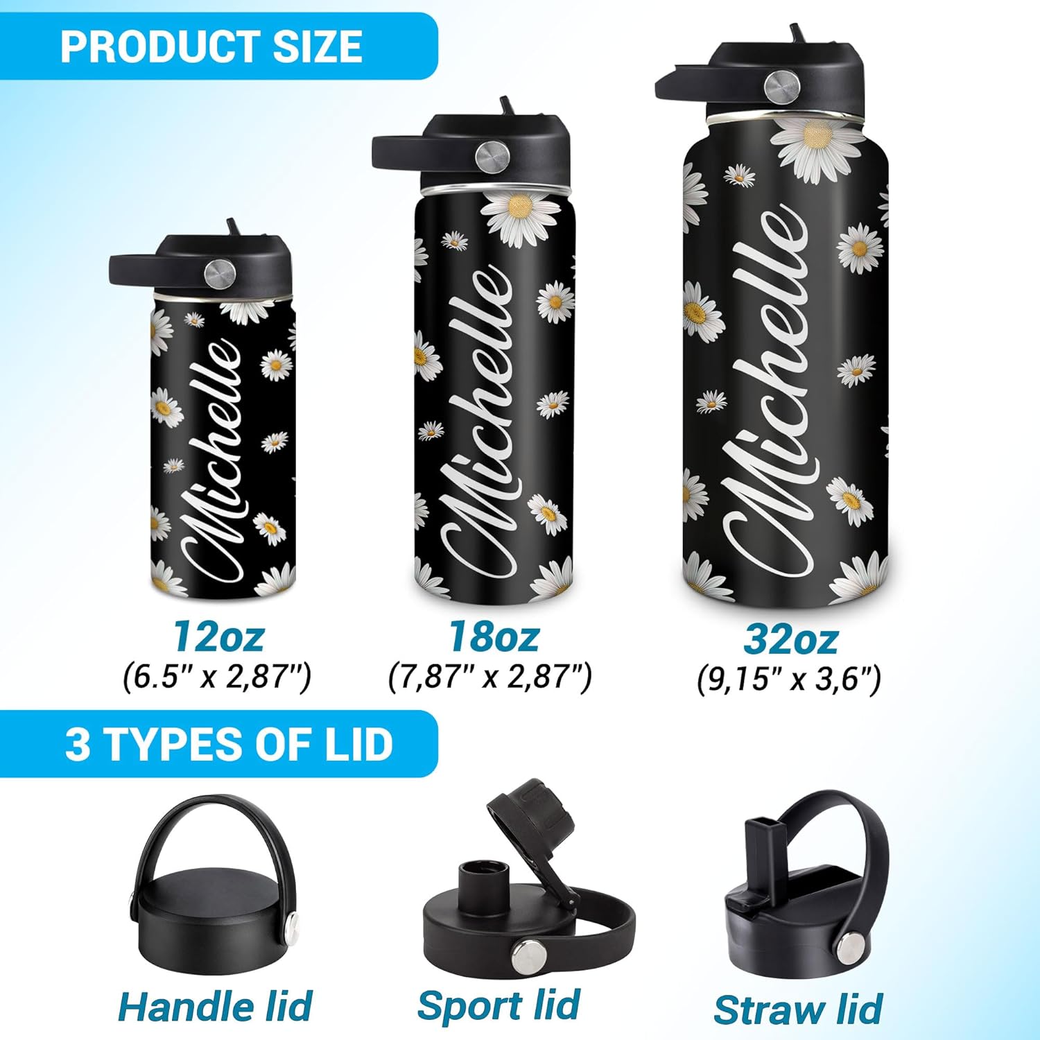 Hyturtle Personalized Gifts For Daisy Flower Lover - White Daisy Flower Print Custom Name Stainless Steel Water Bottle 12oz 18oz 32oz Stainless Steel Bottle With Straw Lid - Gifts For Her Women Girl - Image 5