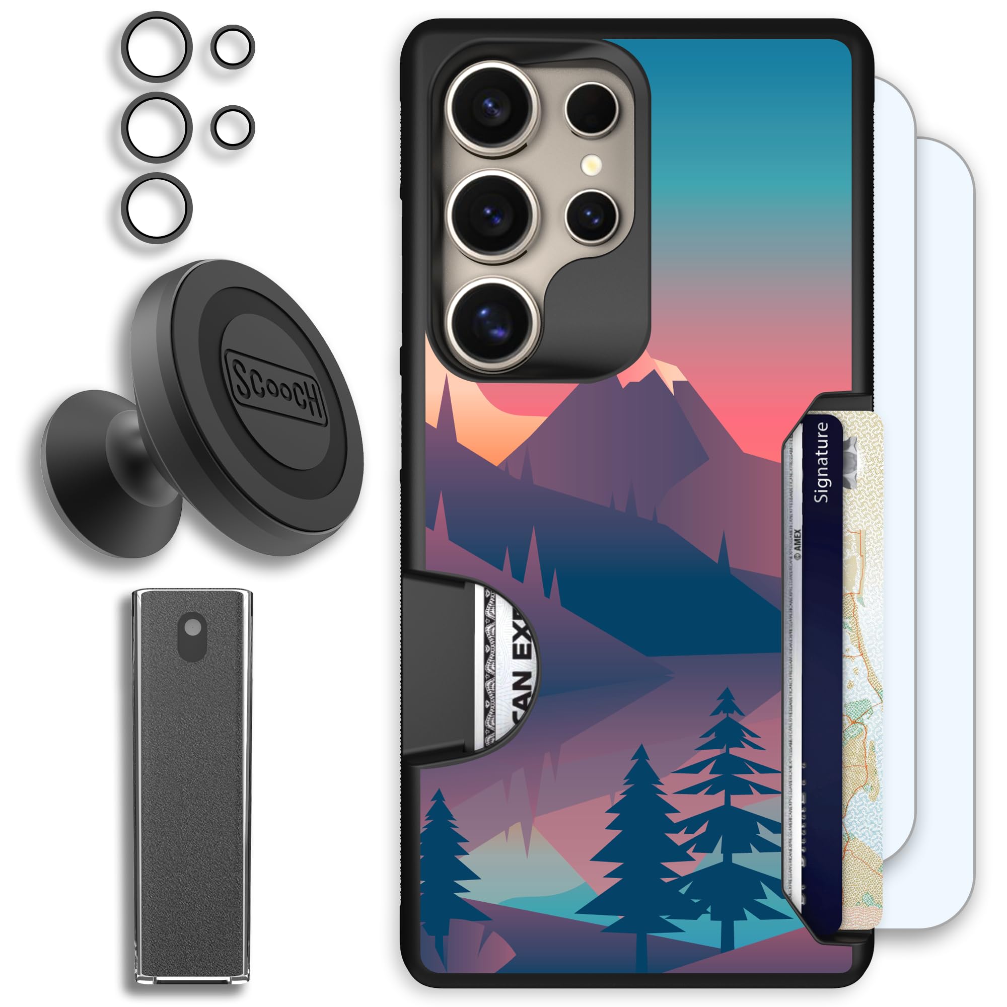 Scooch for Samsung Galaxy S25 Ultra Case with Card Holder, Moneymate [Defender Bundle] with 2 Screen Protectors, Camera Protector, Wingmount, Mounting