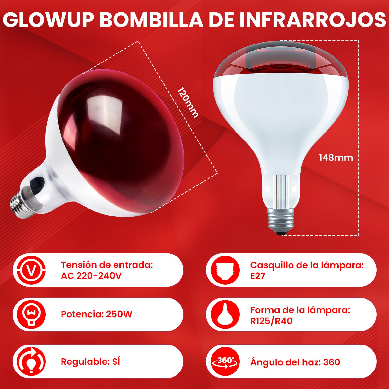 GlowUp Bombilla Infrarrojos E27 250W R125 Regulable Lampara de Infrarrojos Reflector Lámparas de Calor Infrarrojo para pollitos, perrito, cerdos (2 unidads)