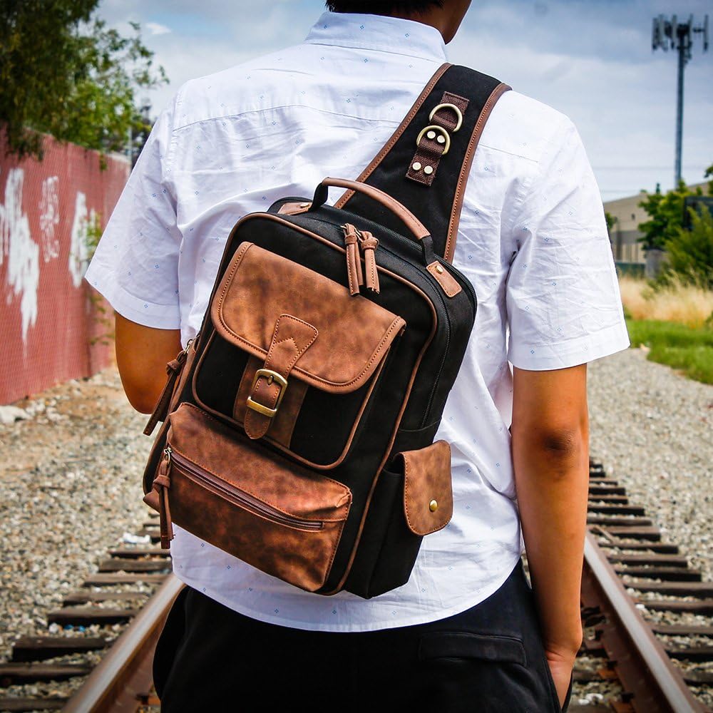 OCT17 Men Chest Shoulder Sling PU Leather Backpack Crossbody Canvas Messenger Outdoor Travel Daypack